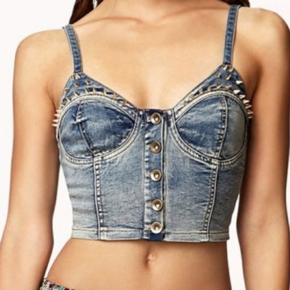 Forever 21 Blue Denim Studded Crop Top